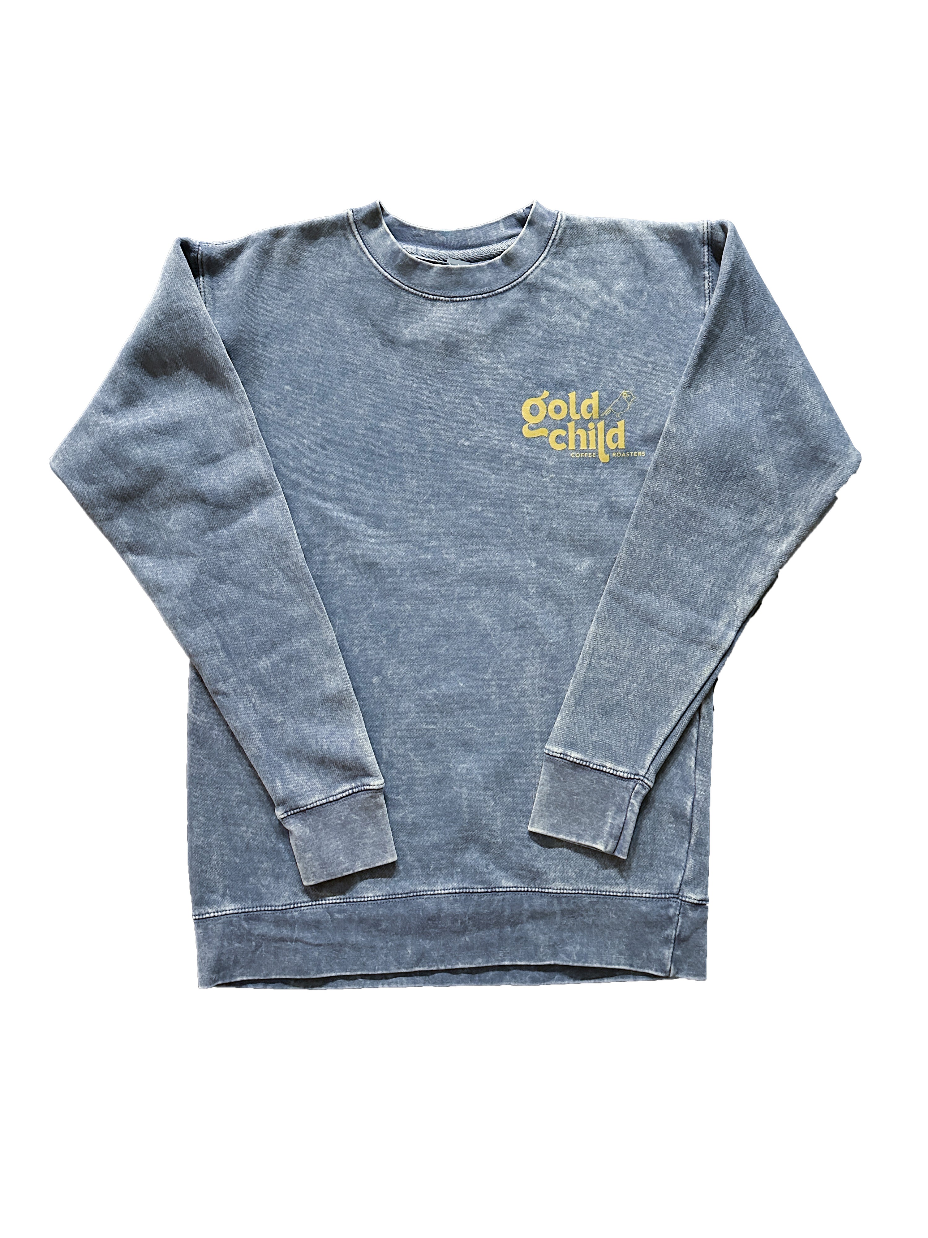 Goldchild Stacked Essential Crewneck – Slate Blue Acid Wash